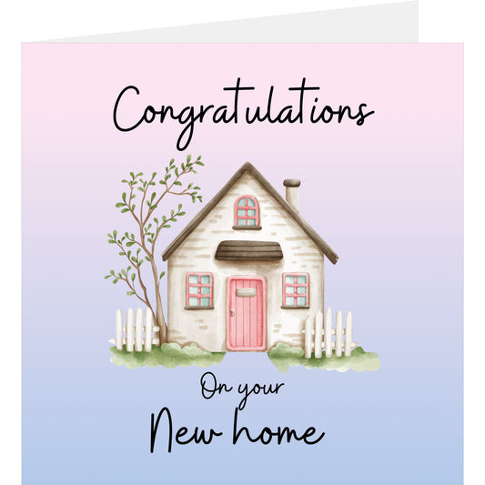 Card with a small house illustration and 'Congratulations on your New Home' text on a pink to blue gradient background.