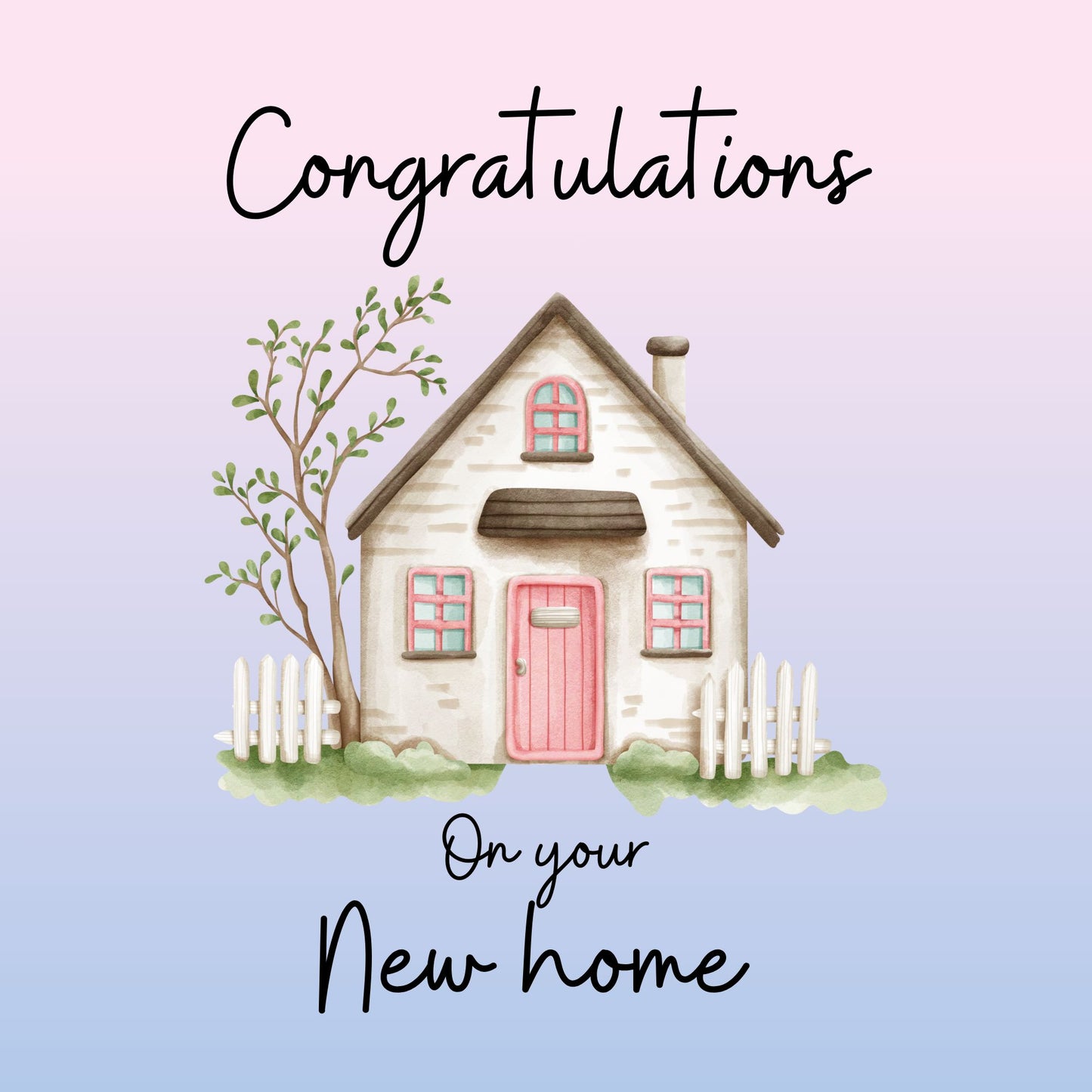 Illustration of a small house with a pink door on a light purple background, accompanied by 'Congratulations on your New Home' text.