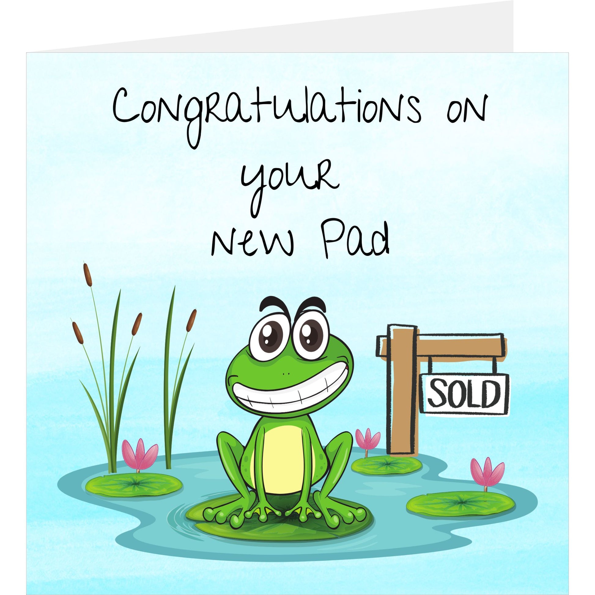 Card with a cartoon frog and 'Congratulations on your new pad' text, featuring a 'Sold' sign.