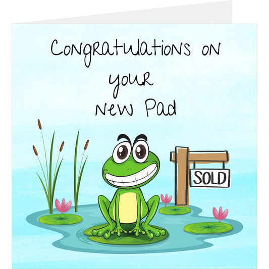 Card with a cartoon frog and 'Congratulations on your new pad' text, featuring a 'Sold' sign.