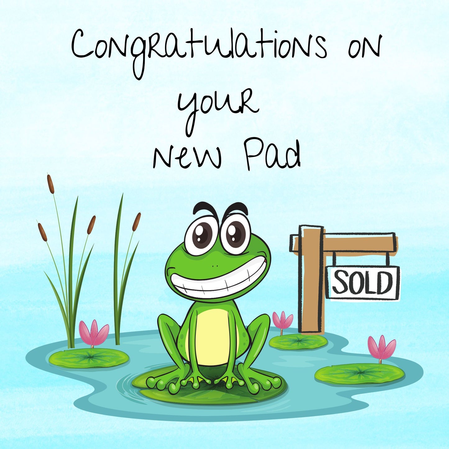 Cartoon frog in a pond with a 'SOLD' sign and congratulatory text on a light blue background