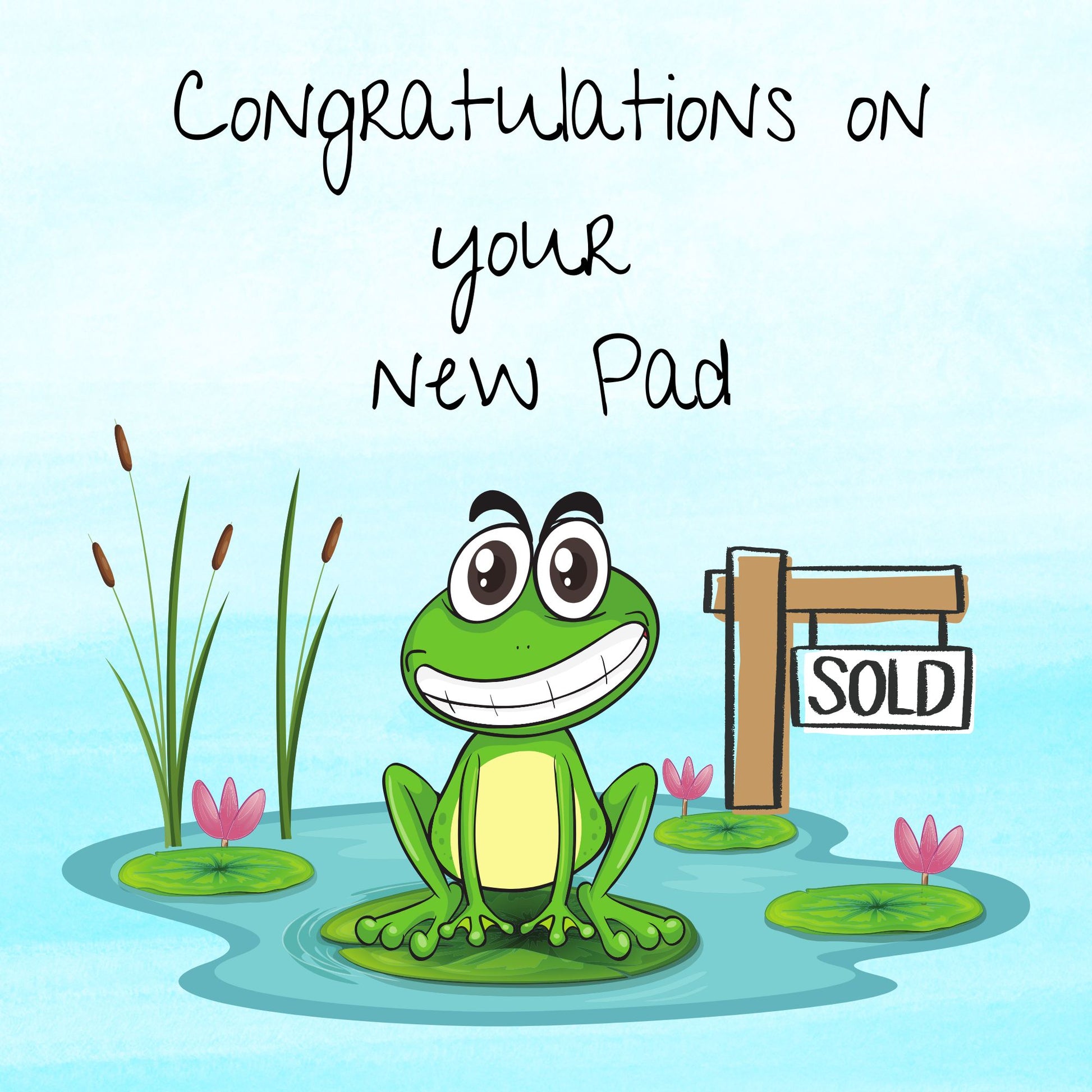 Cartoon frog in a pond with a 'SOLD' sign and congratulatory text on a light blue background