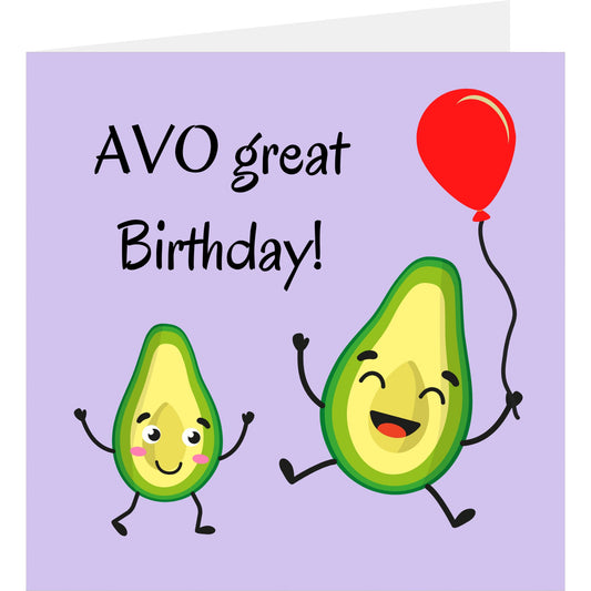 Birthday card with cartoon avocados and a red balloon on a purple background