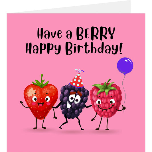 Birthday card with cartoon strawberries, blackberry, and raspberry on a pink background.