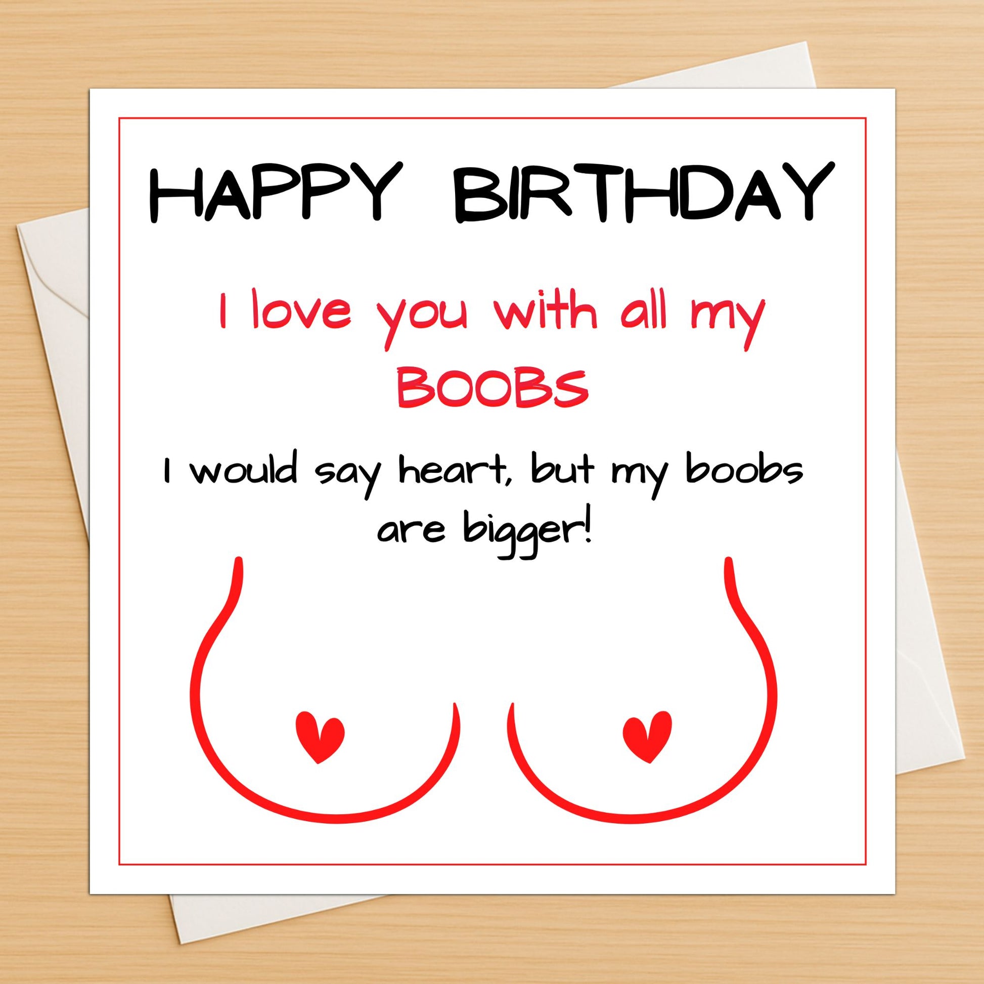 Funny boobs love birthday card on envelope with cheeky message