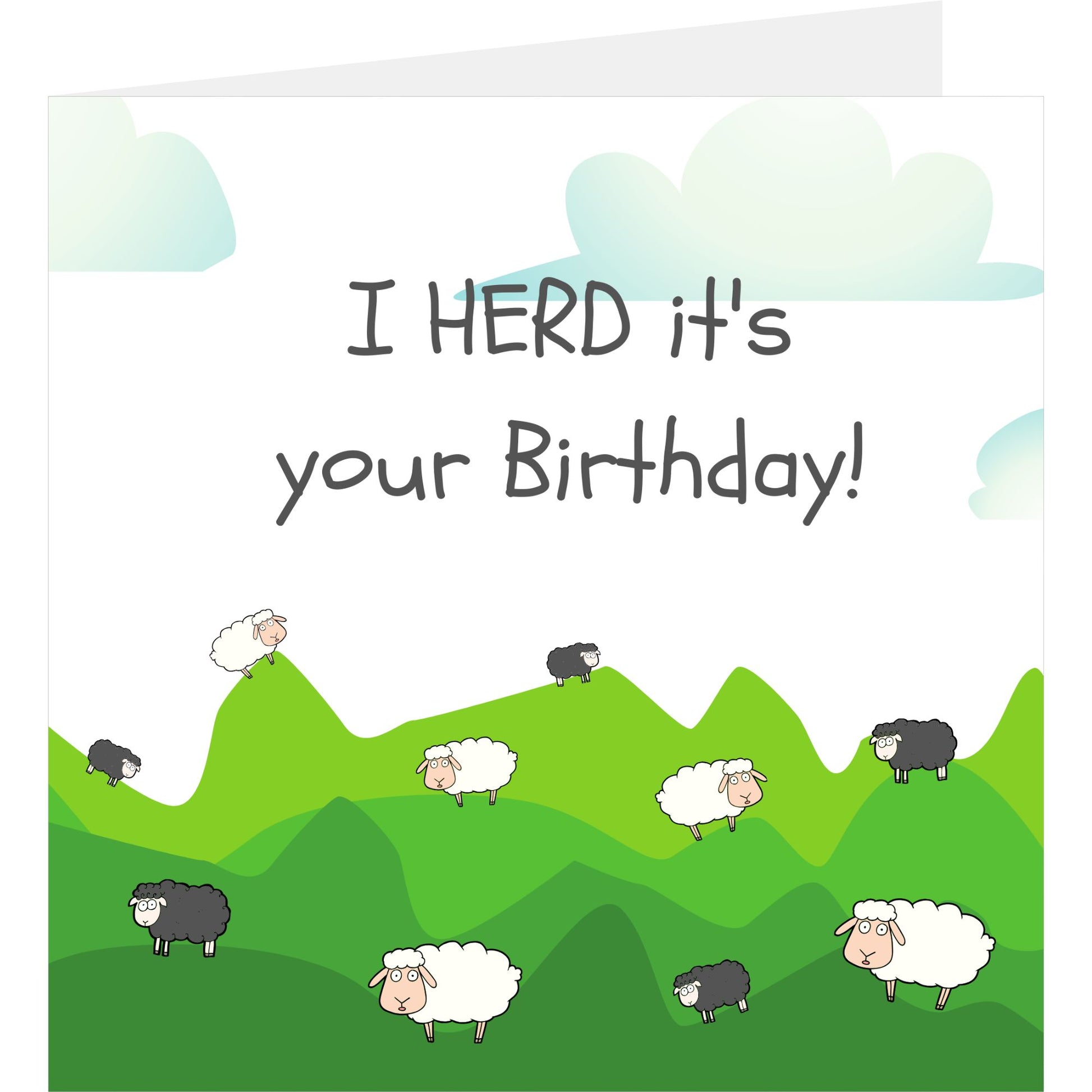 Birthday card with sheep in a green landscape and text 'I HERD it's your Birthday!'.