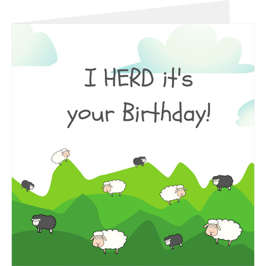 Birthday card with sheep in a green landscape and text 'I HERD it's your Birthday!'.
