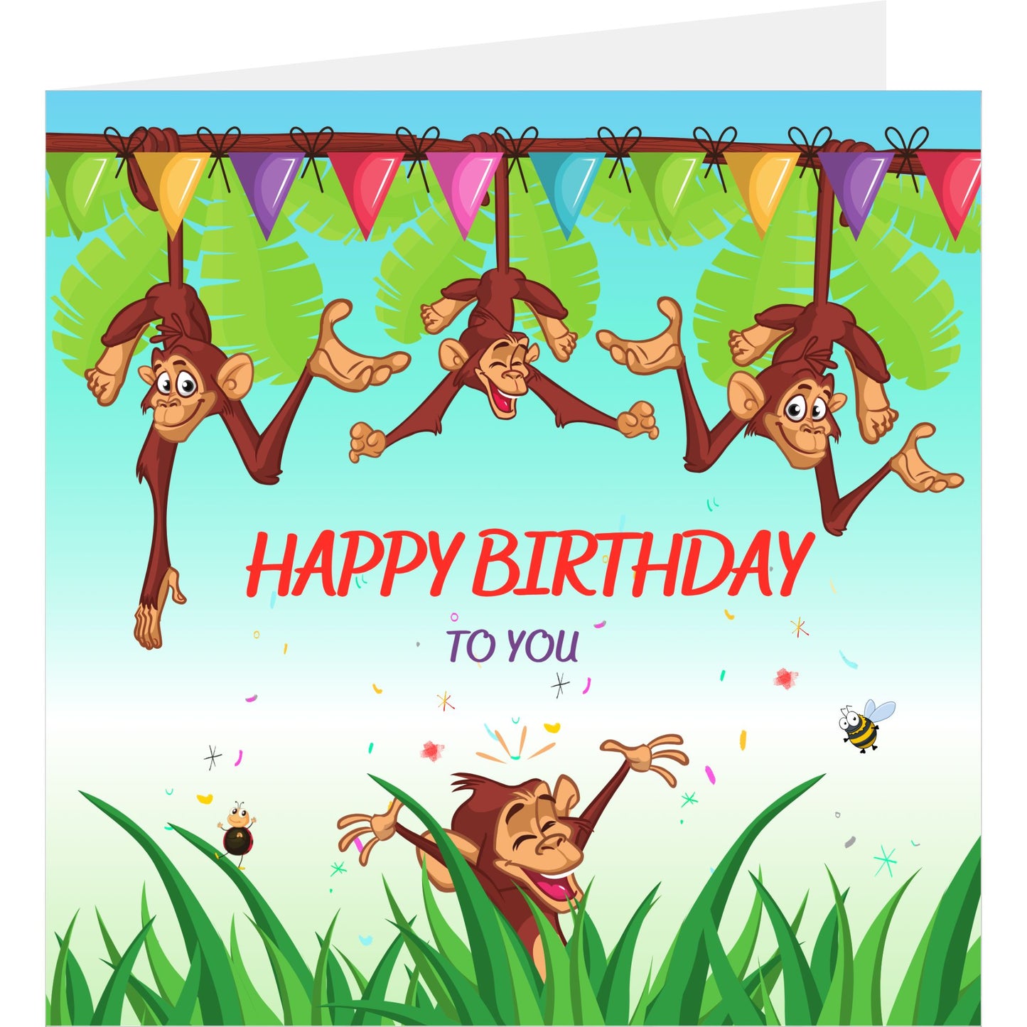 Funny monkeys birthday card standing with back partially visible