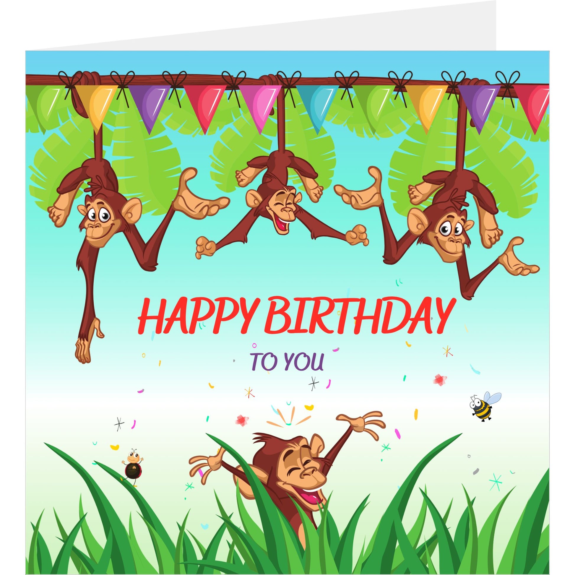 Funny monkeys birthday card standing with back partially visible