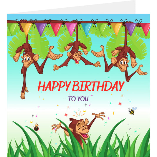 Funny monkeys birthday card standing with back partially visible