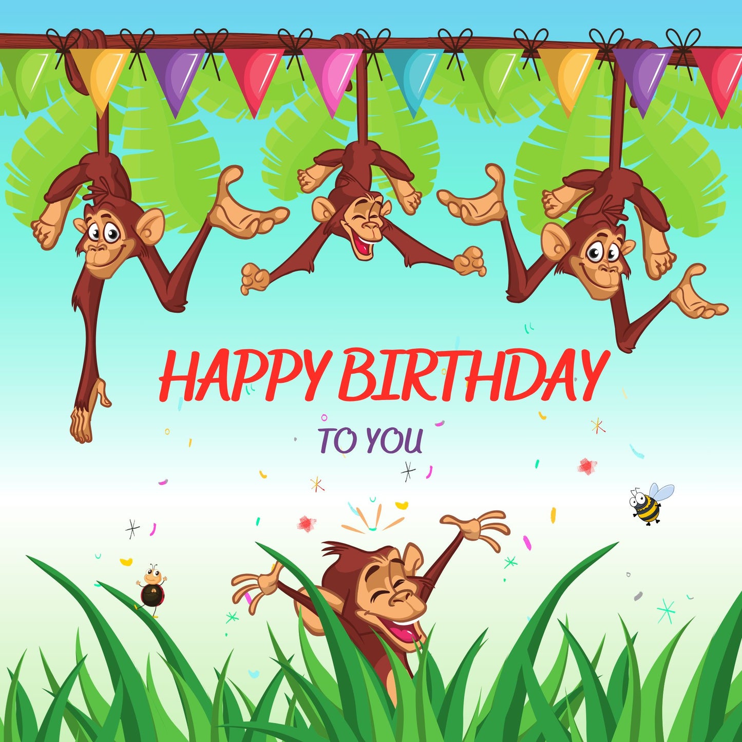 Funny monkeys birthday card front with playful jungle monkey design