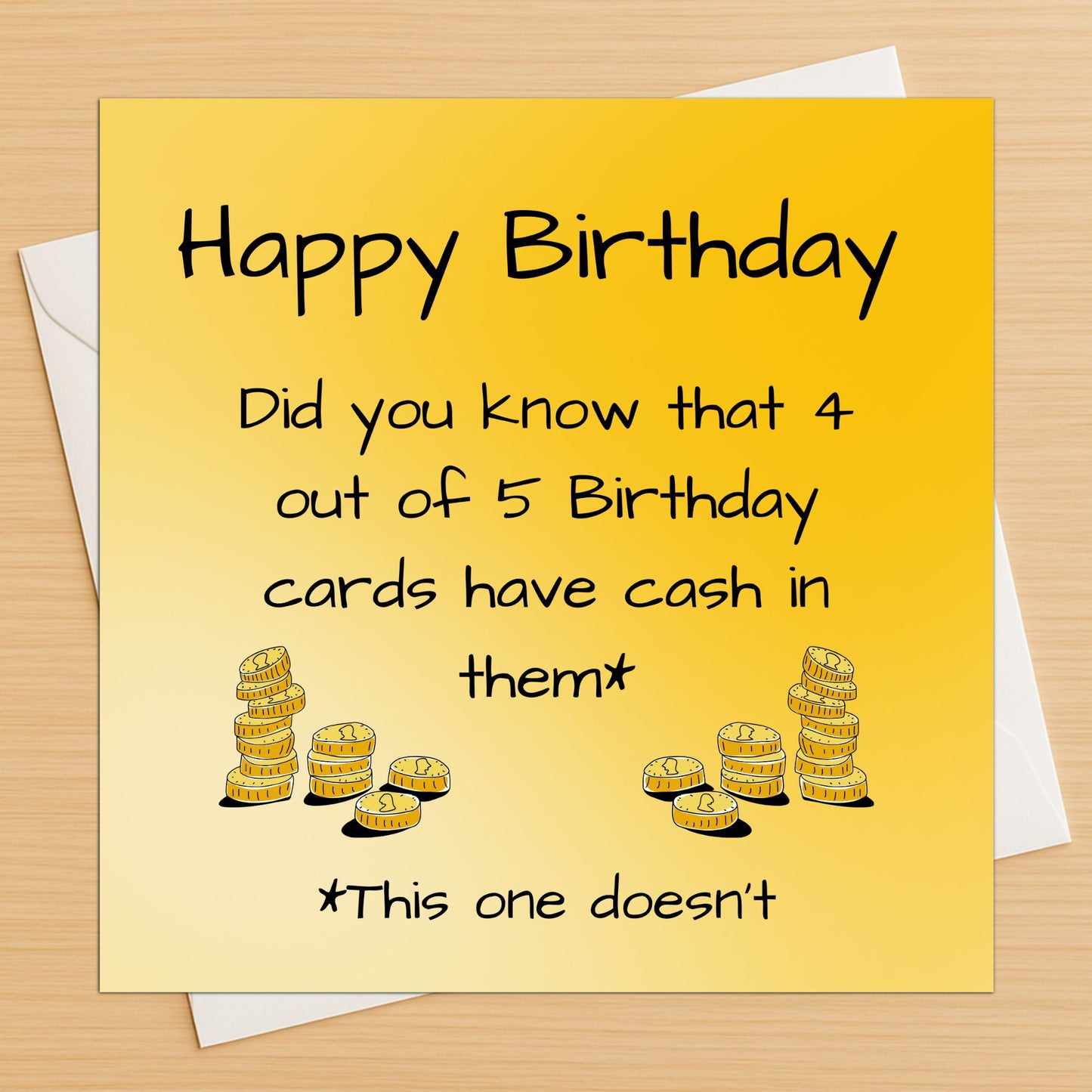 Birthday card with text and stacks of coins on a yellow background