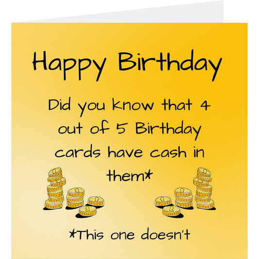 Birthday card with text and stacks of coins on a yellow background