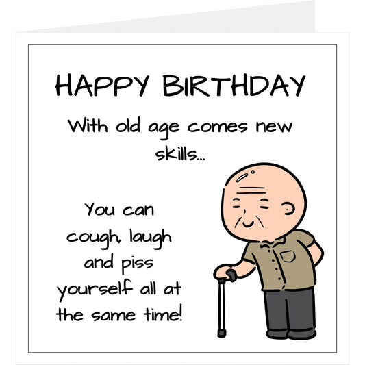 Funny old man birthday card standing up showing front design and a glimpse of the back