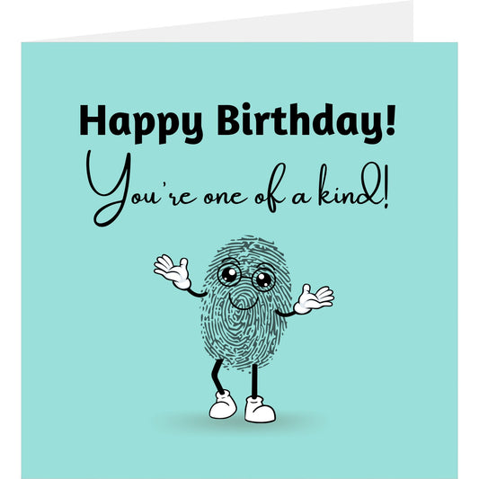 Birthday card with a fingerprint character and 'Happy Birthday! You're one of a kind!' text on a light blue background.