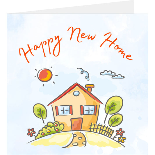 Greeting card with a house illustration and 'Happy New Home' text on a blue background