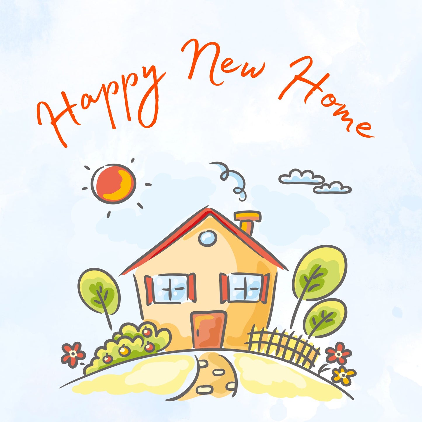Card with illustration of a house with 'Happy New Home' text on a light blue background