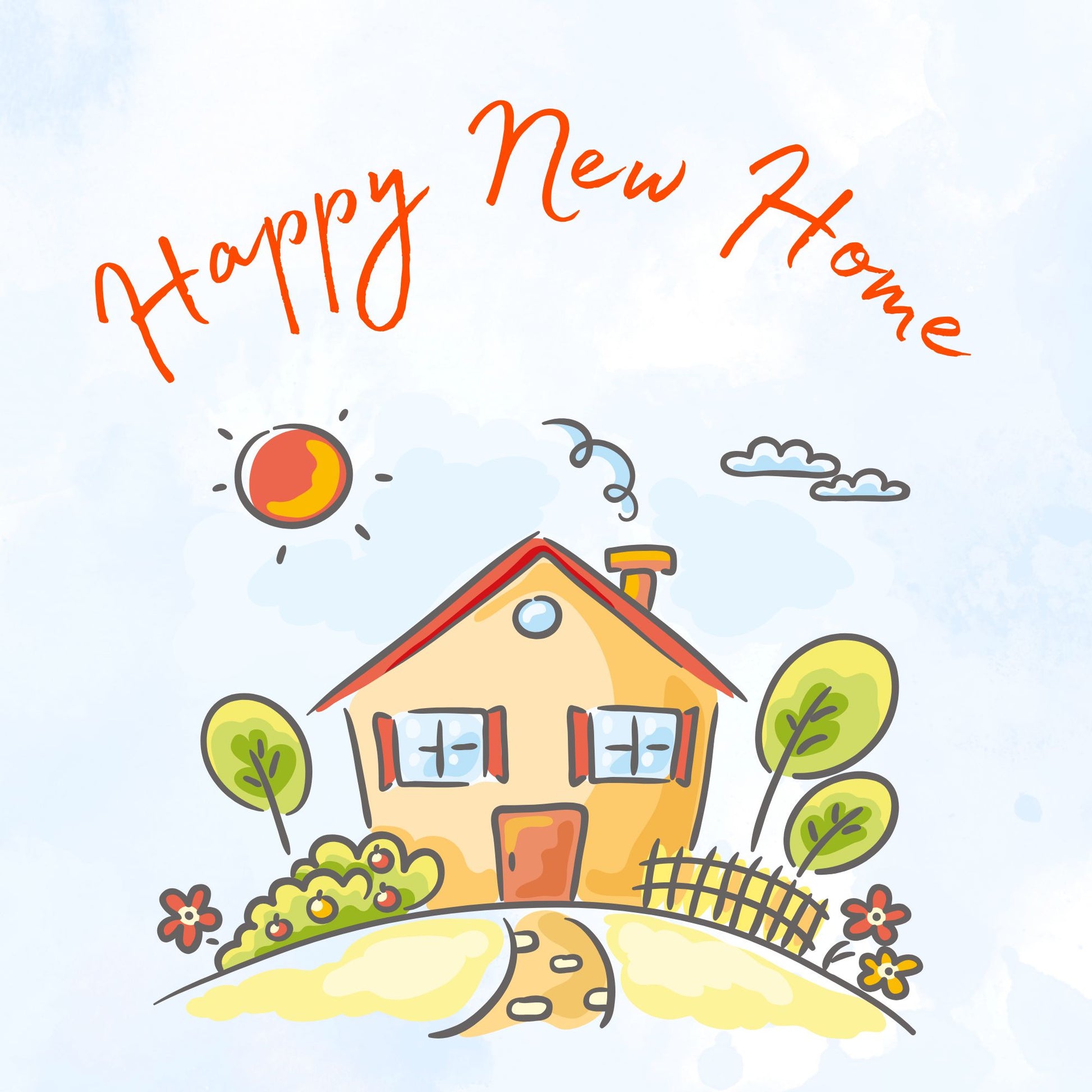 Card with illustration of a house with 'Happy New Home' text on a light blue background