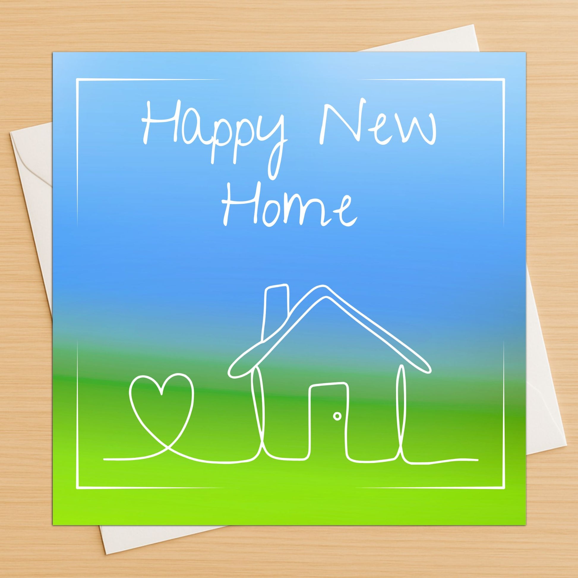 Greeting card with 'Happy New Home' text and house illustration on a blue and green gradient background.