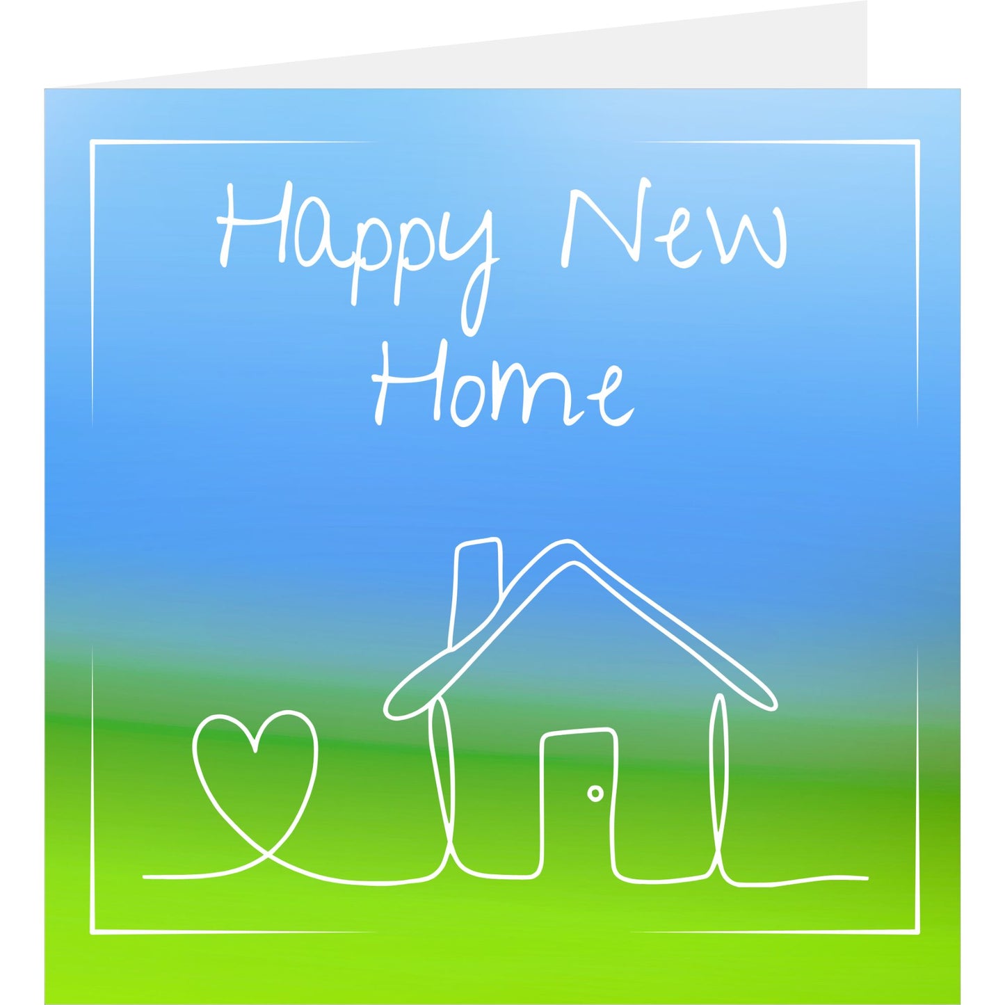Greeting card with 'Happy New Home' text and house and heart design on a blue and green gradient background.