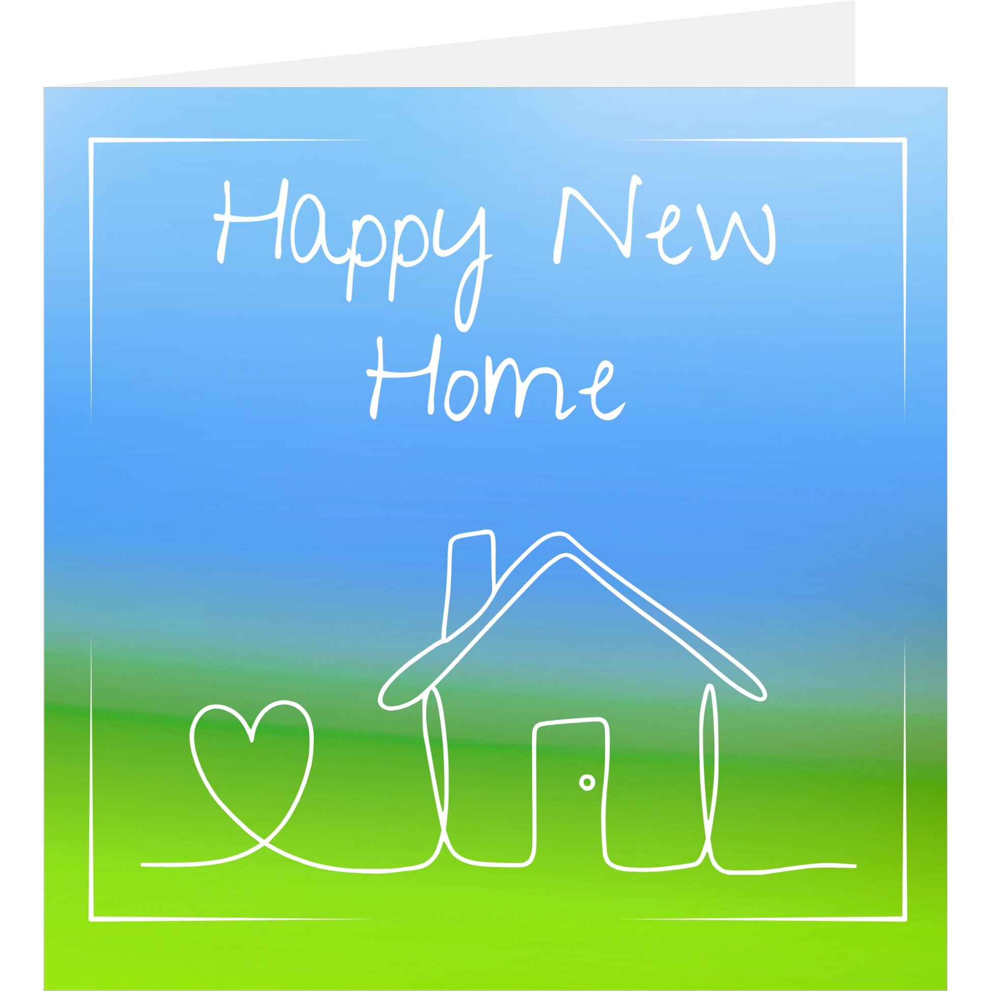 Greeting card with 'Happy New Home' text and house and heart design on a blue and green gradient background.