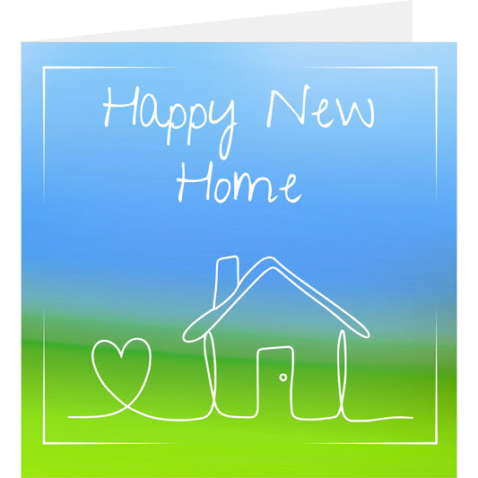Greeting card with 'Happy New Home' text and house and heart design on a blue and green gradient background.
