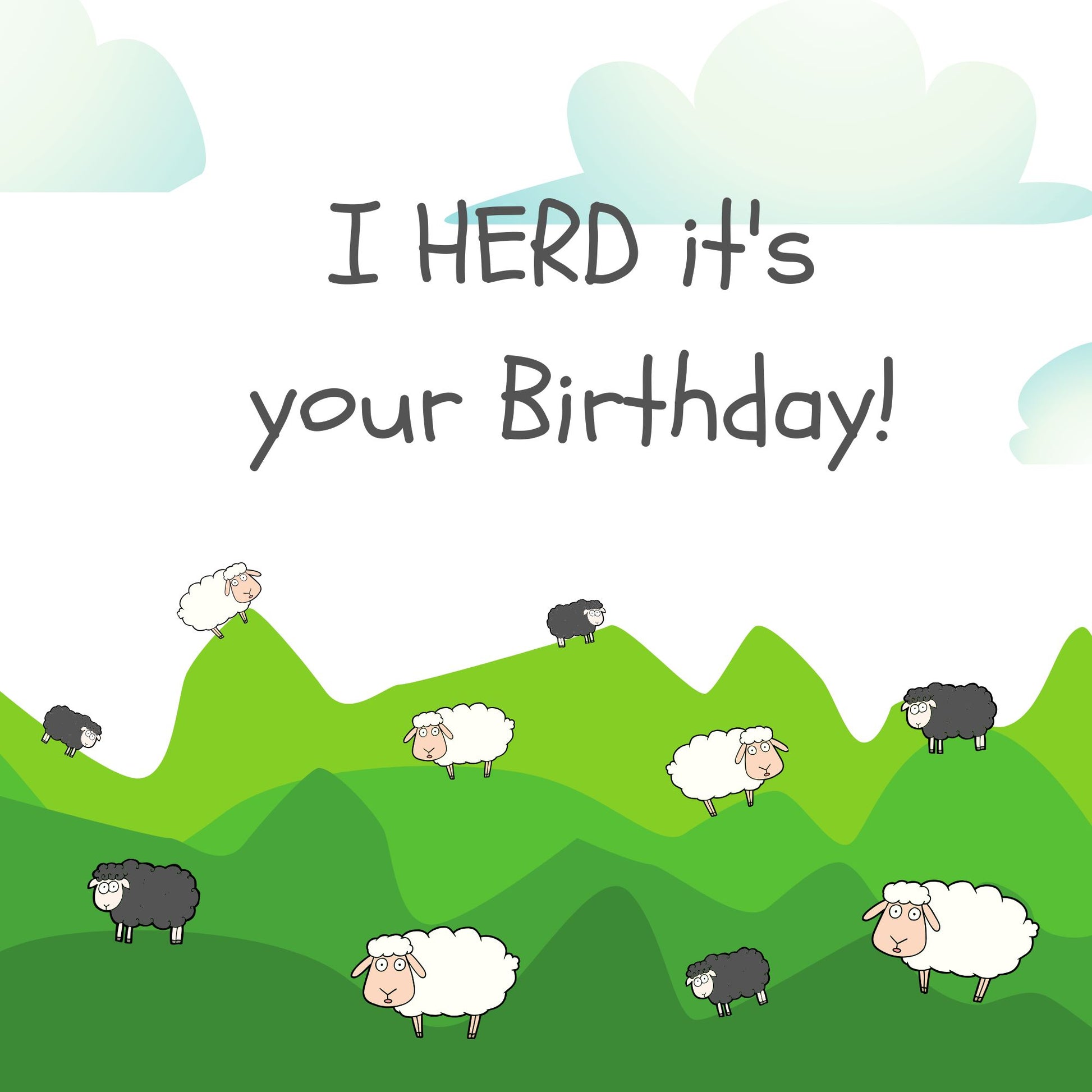 Sheep themed birthday card with pun message I Herd It’s Your Birthday