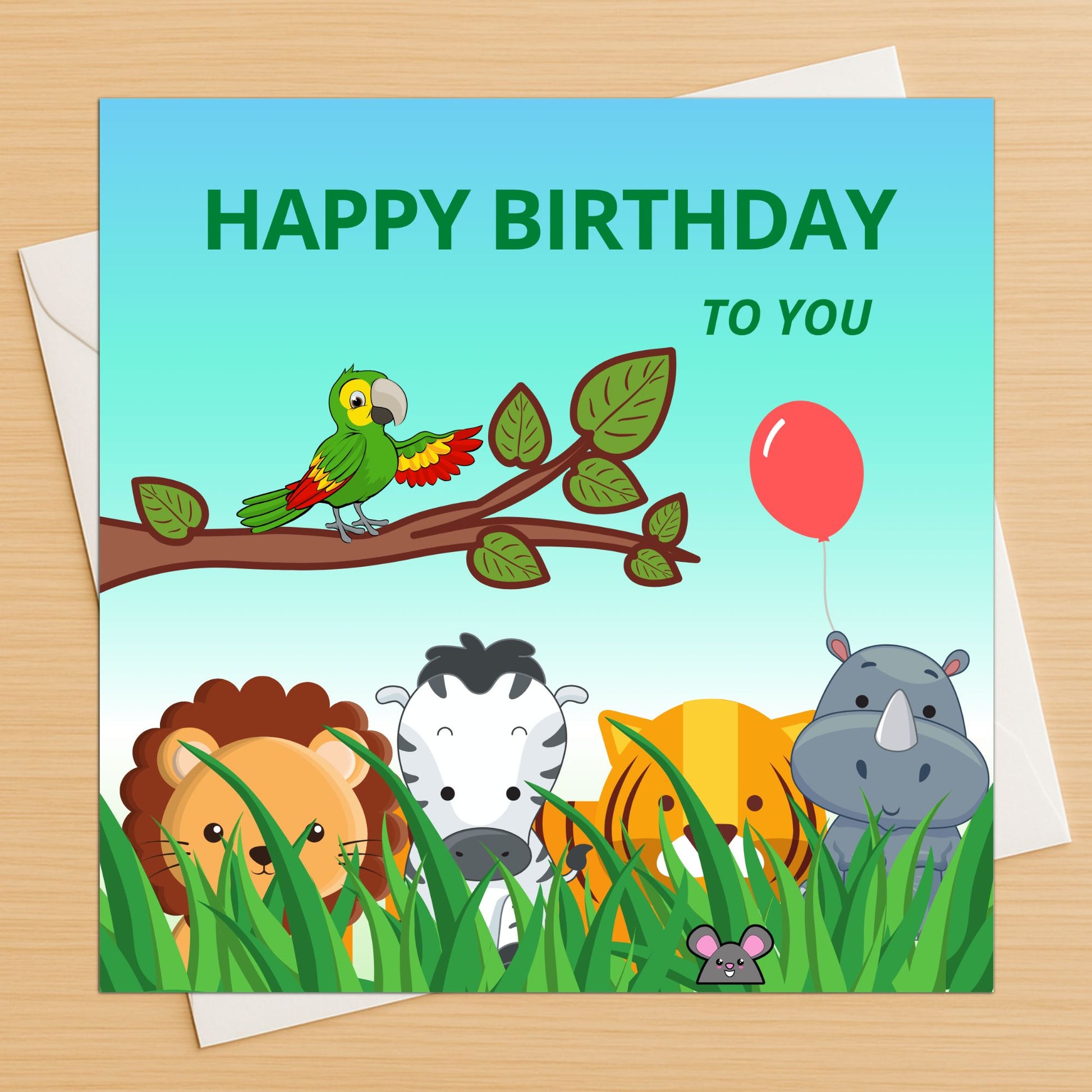 Jungle animals birthday card with lion, zebra, tiger, rhino and parrot on wooden table