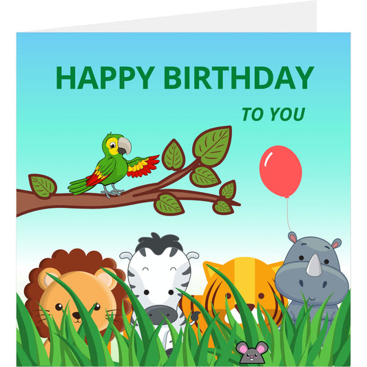 Jungle animals birthday card standing with back partially visible