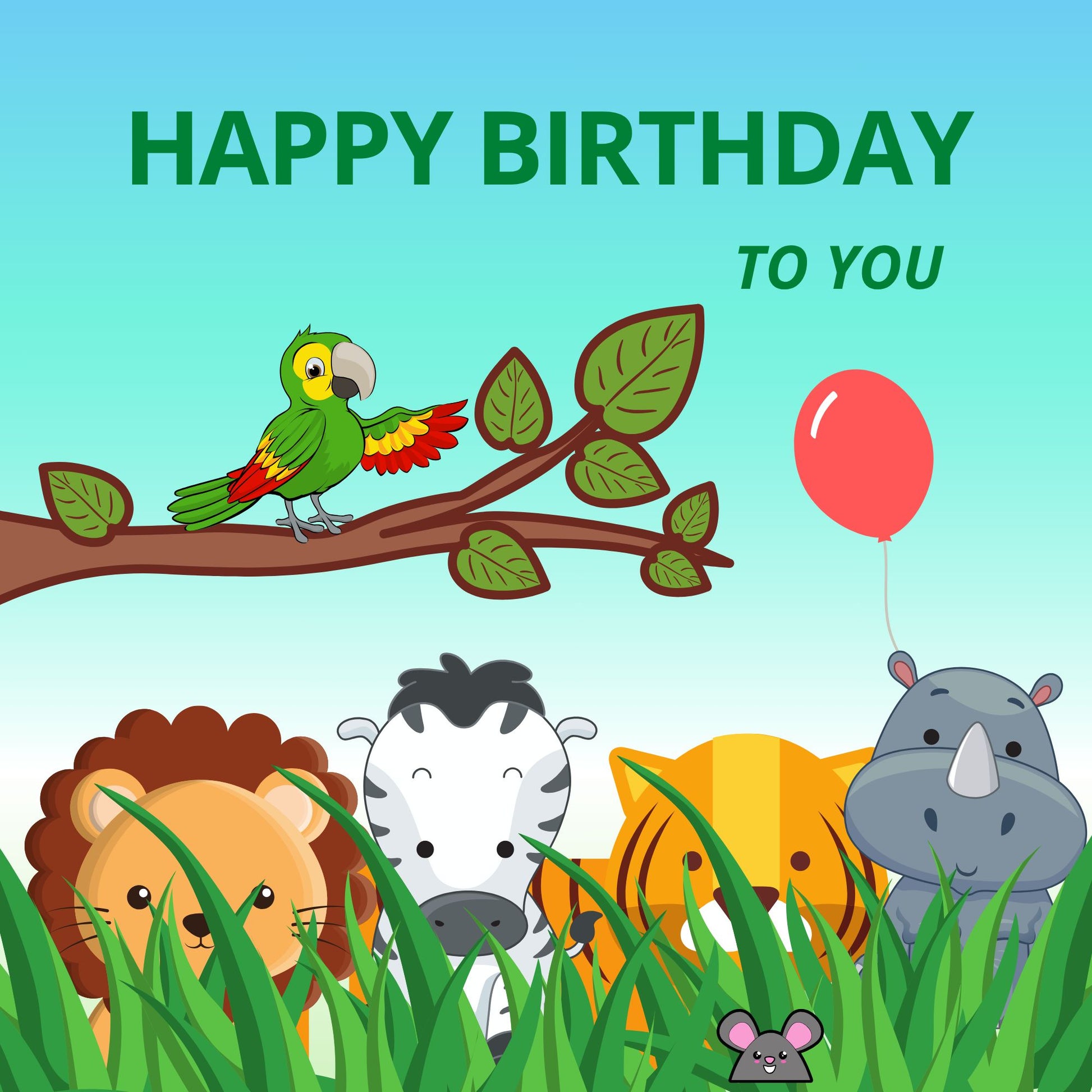 Jungle animals birthday card front design with cute animal characters and red balloon