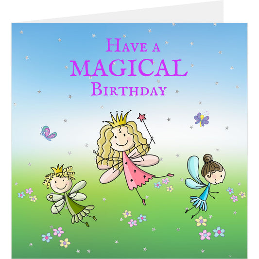 Magical fairy princess birthday card standing with back partially visible
