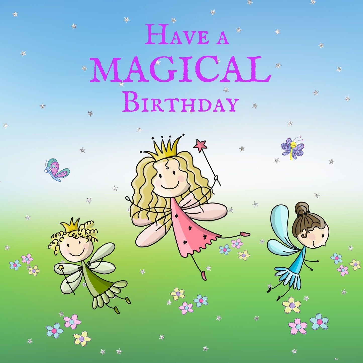 Magical fairy princess birthday card front with fairies, flowers and butterflies