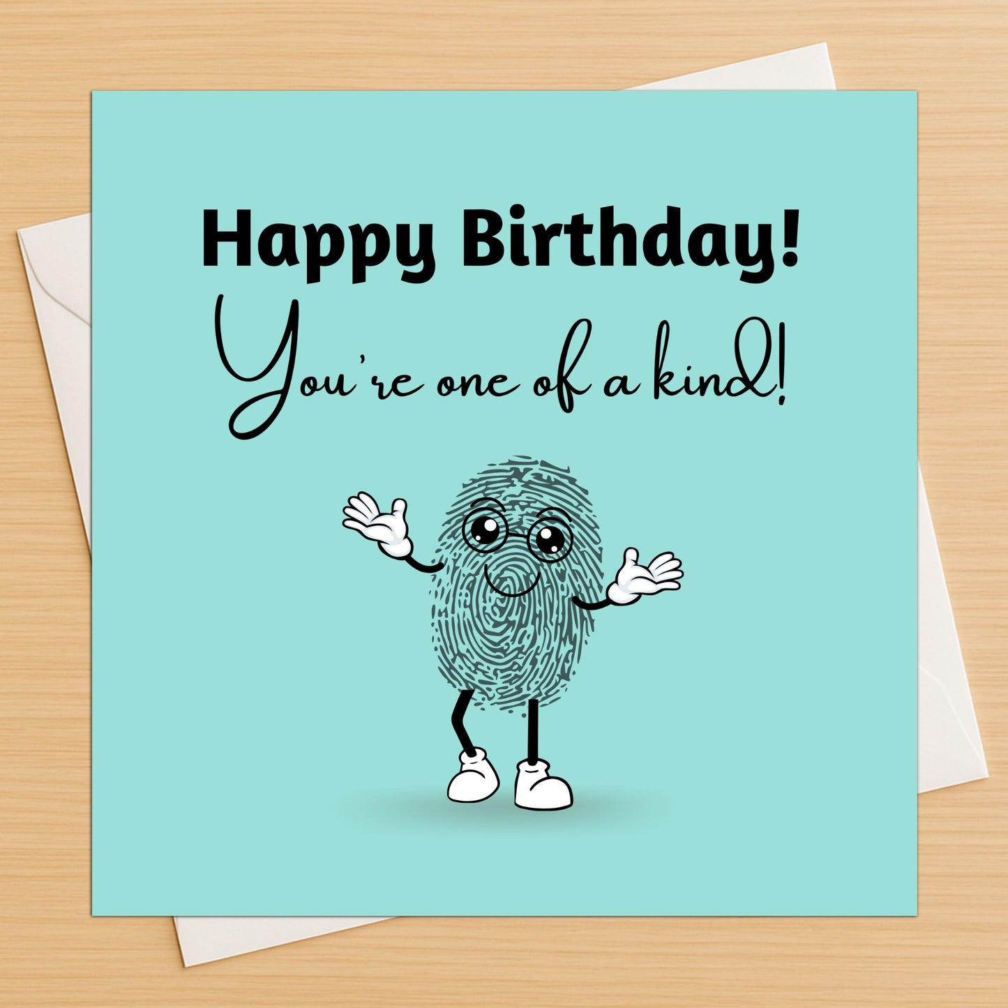 Birthday card with fingerprint character and text on a light blue background