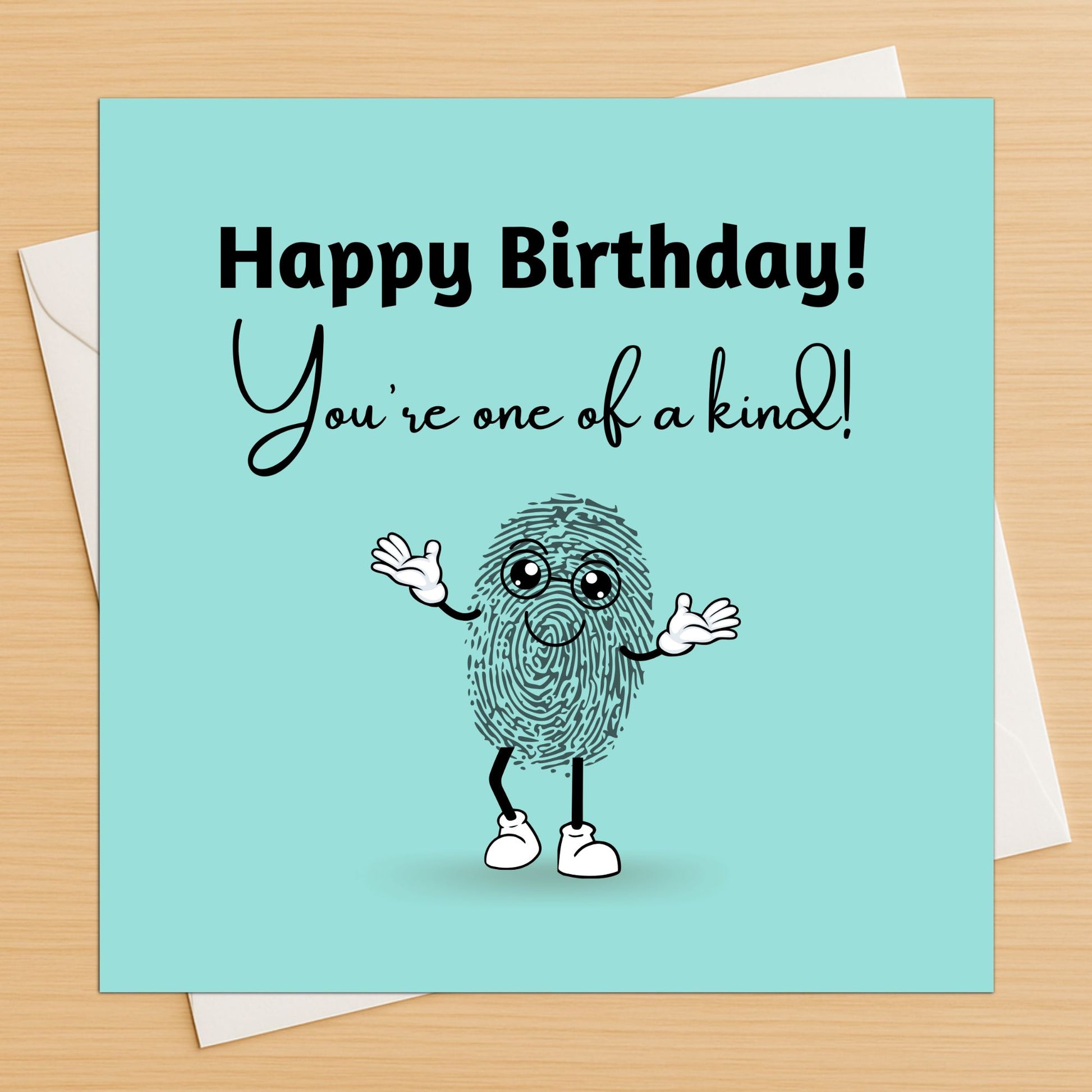 Birthday card with fingerprint character and text on a light blue background