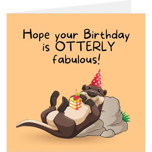 Otter pun birthday card standing up showing front design and a glimpse of the back