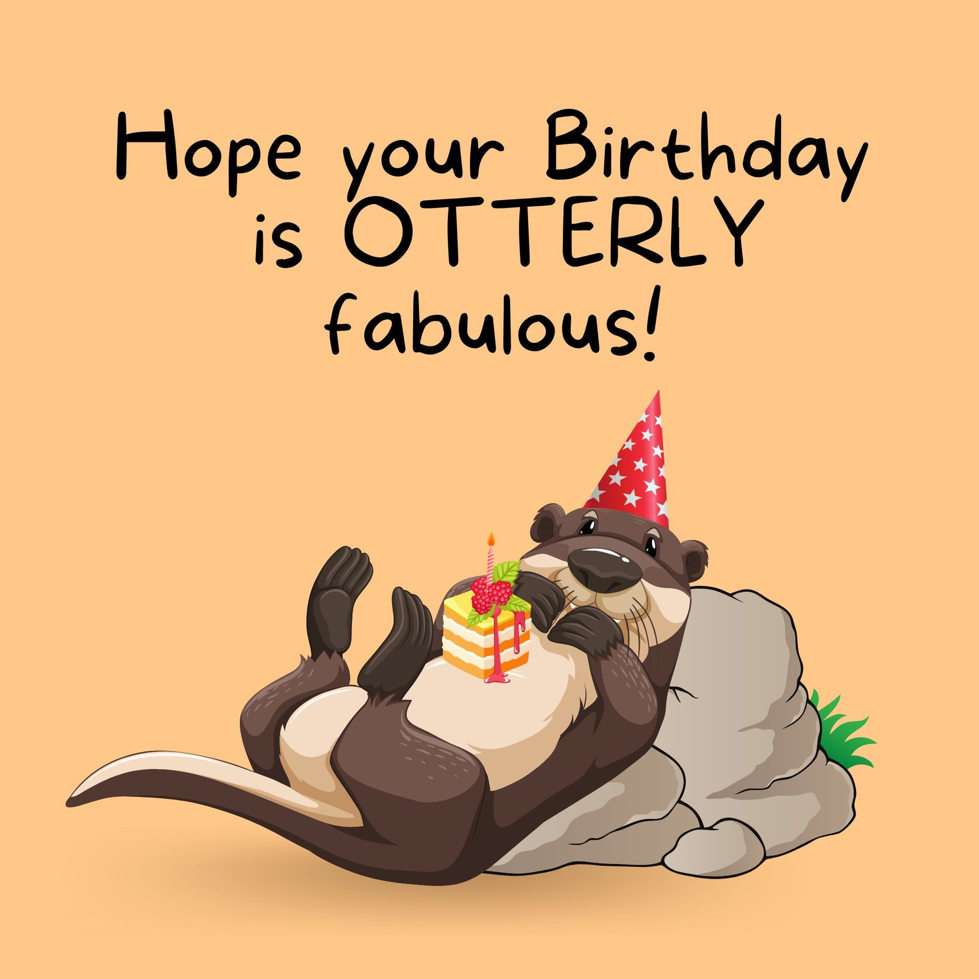 Otter pun birthday card front design with cartoon otter, birthday cake and funny pun text