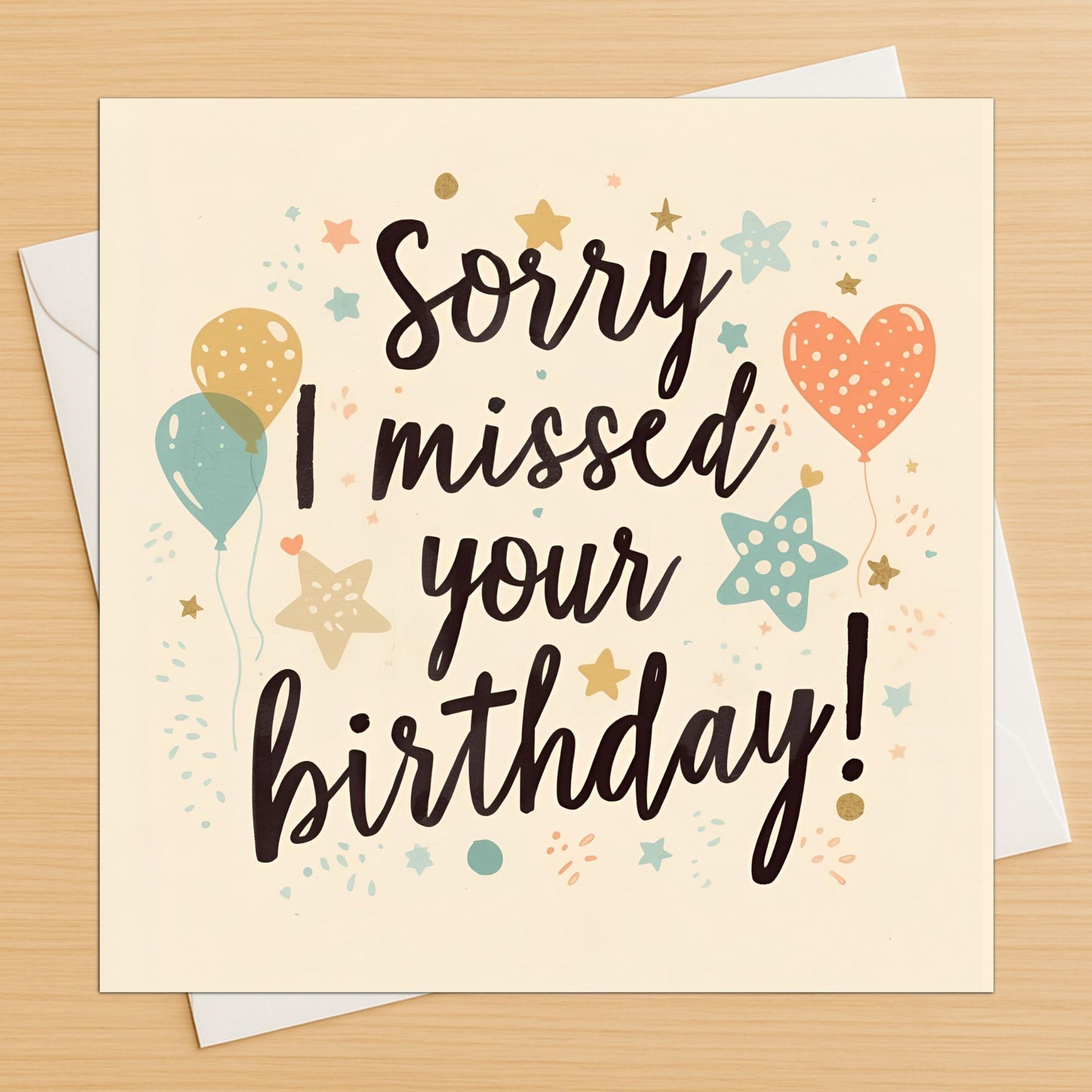 Pastel sorry I missed your birthday card with balloons and stars on envelope
