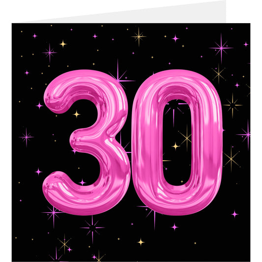 Pink number '30' balloons on a black background with stars