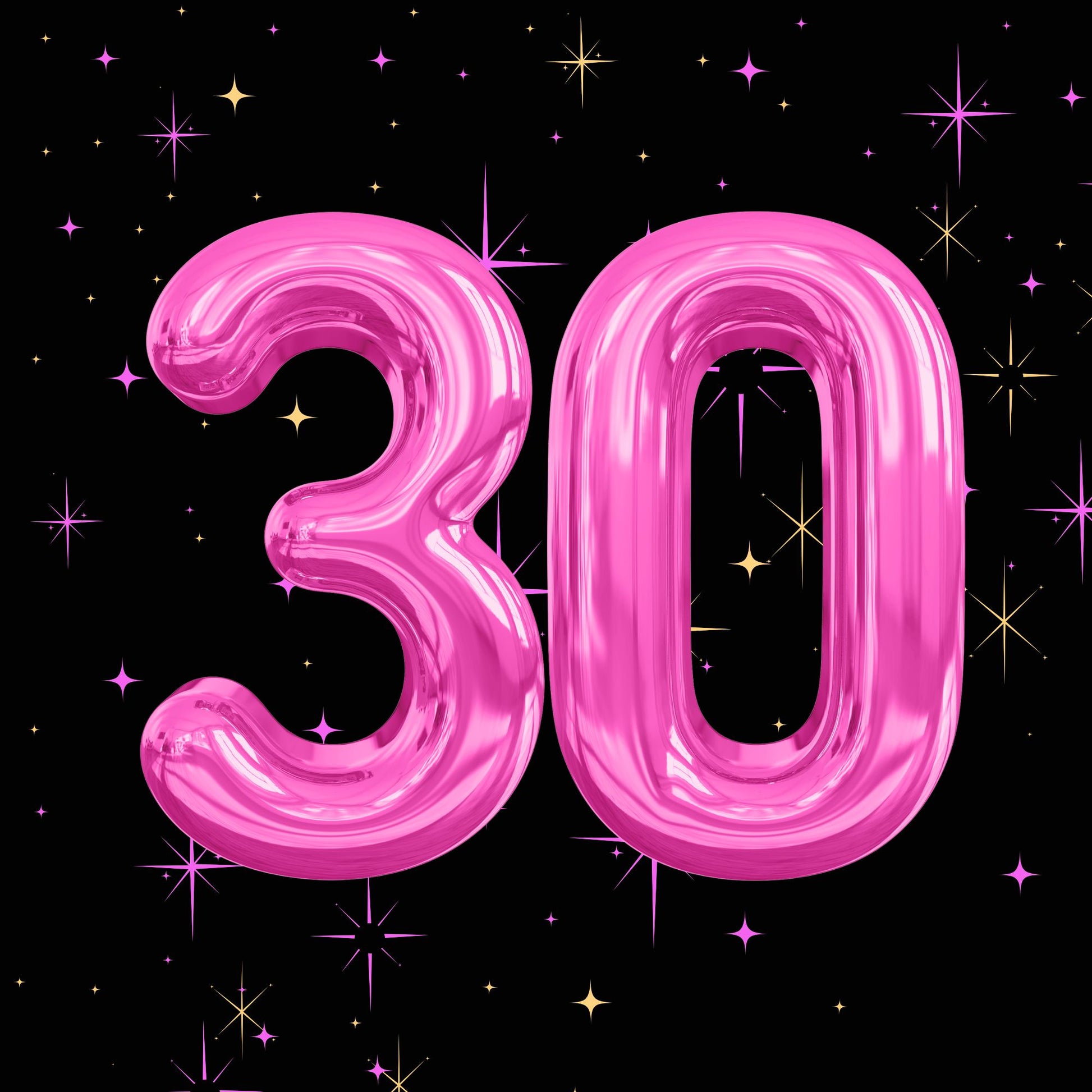 Pink balloon 30 numerals on black with pink and gold starbursts, glossy milestone birthday card