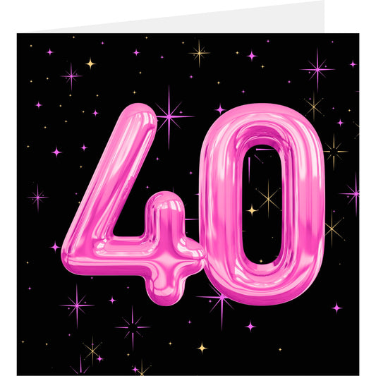 Pink balloon-style '40' on a black background with stars