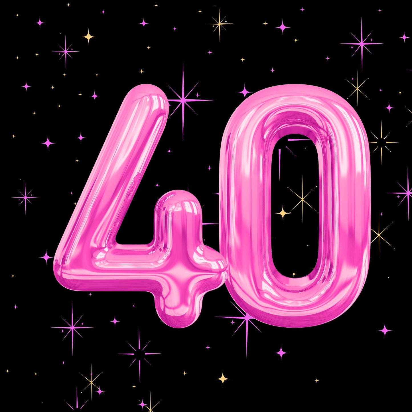 Pink balloon 40 numerals on black with pink and gold starbursts, glossy milestone birthday card