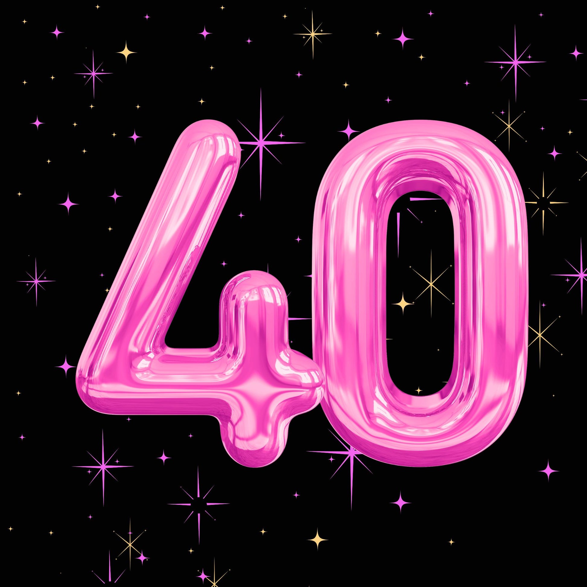 Pink balloon 40 numerals on black with pink and gold starbursts, glossy milestone birthday card
