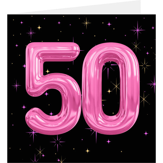 Pink number '50' balloons on a black background with stars