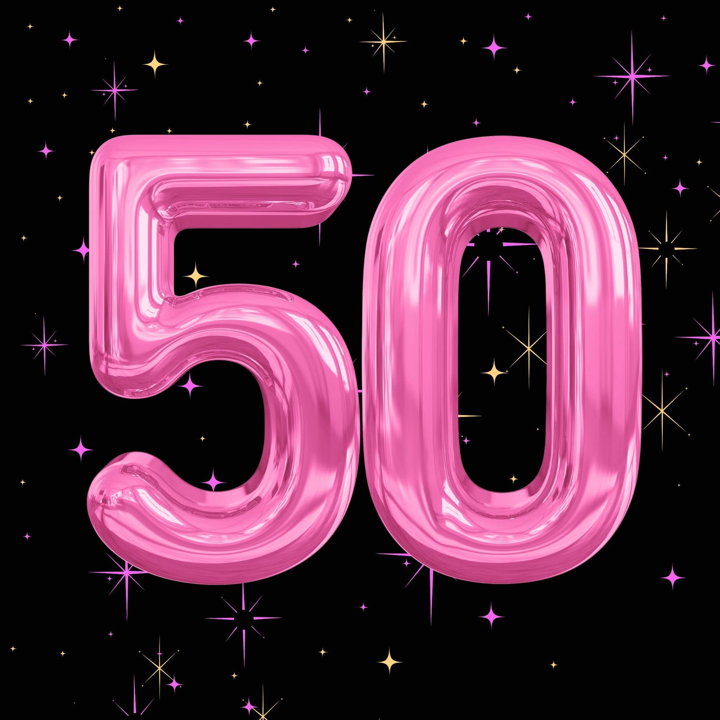 Pink balloon 50 numerals on black with pink and gold starbursts, glossy milestone birthday card
