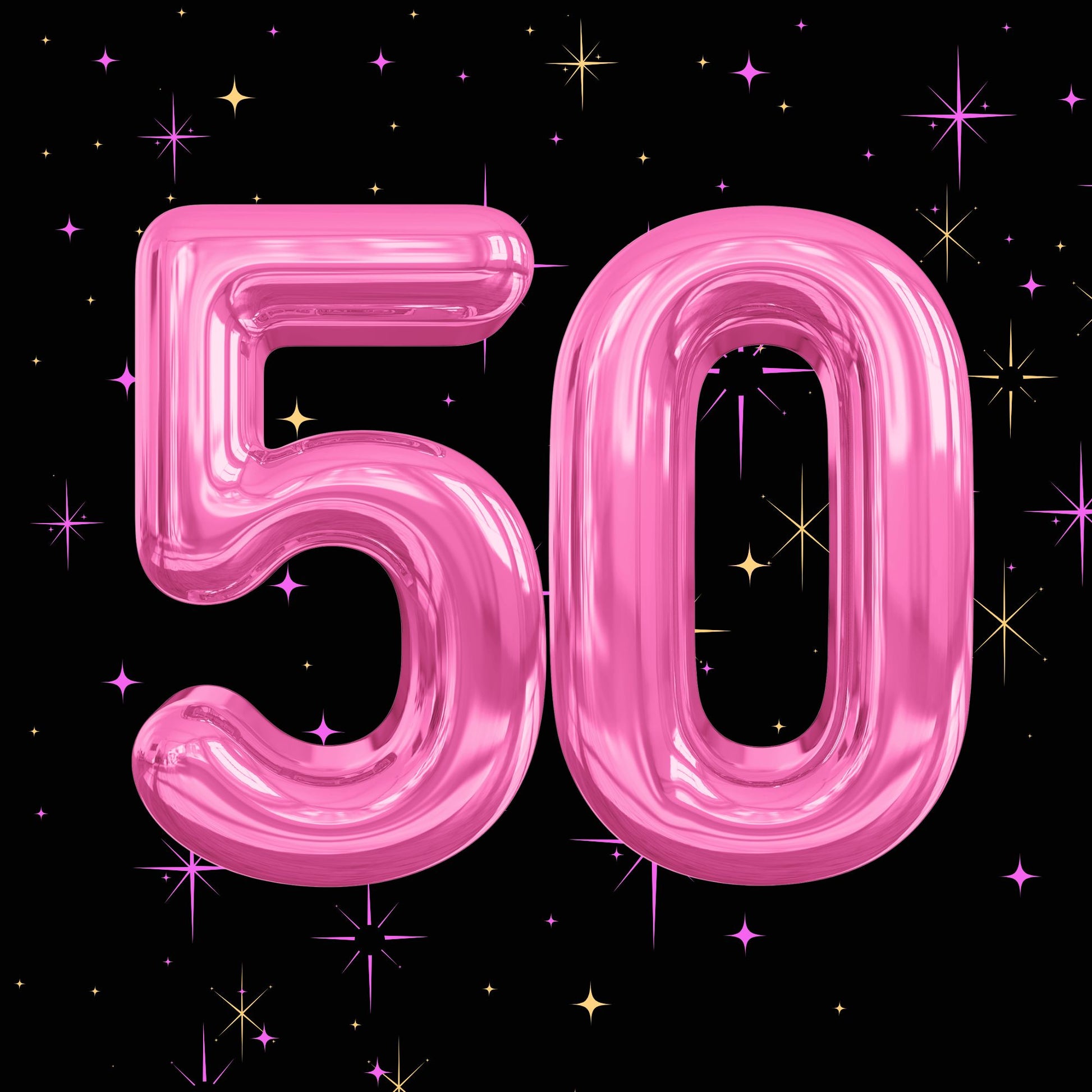Pink balloon 50 numerals on black with pink and gold starbursts, glossy milestone birthday card