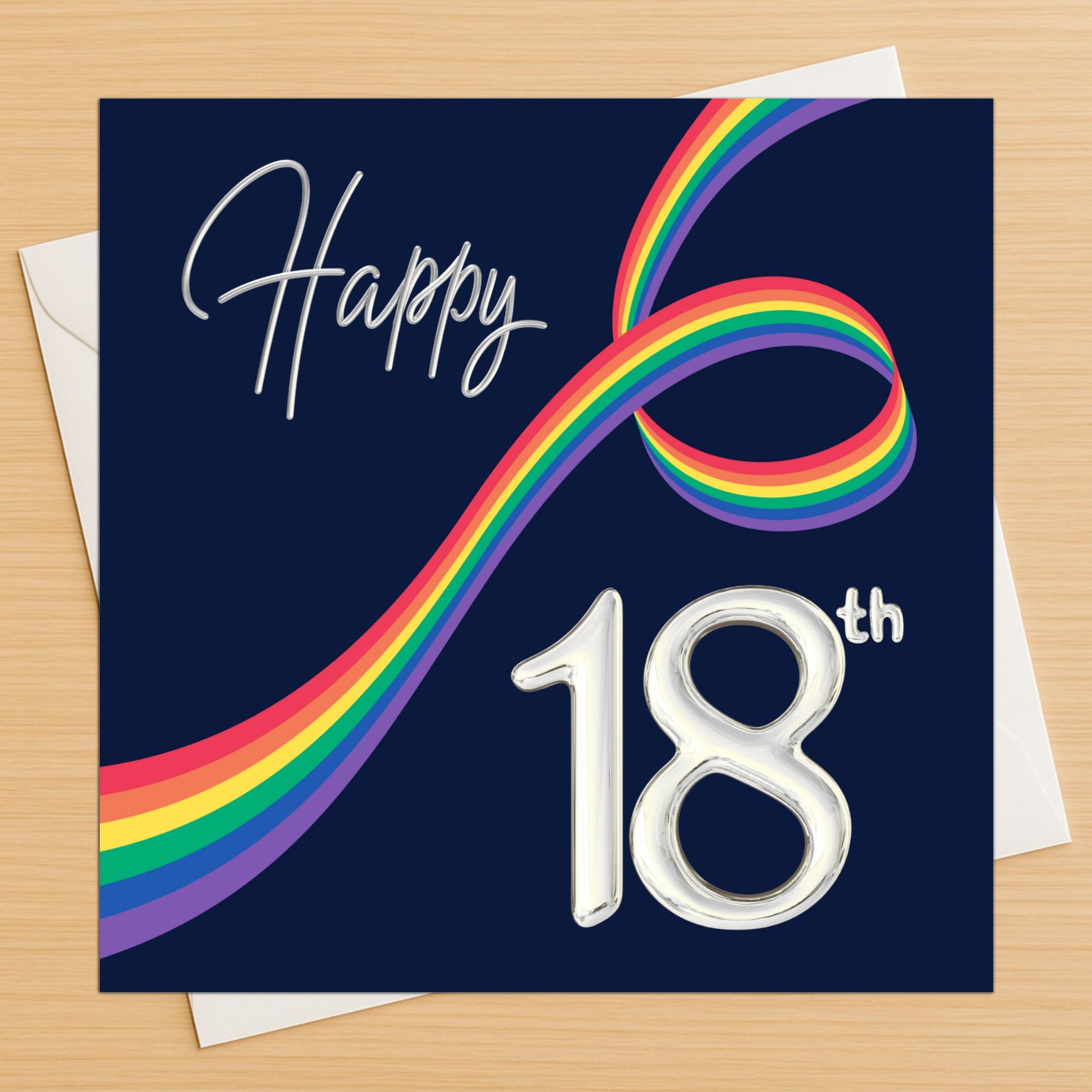 Greeting card with rainbow design and 'Happy 18th' text on a blue background