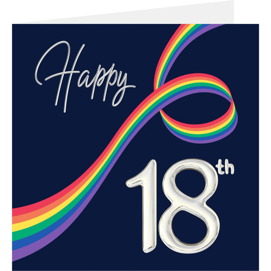 Greeting card with rainbow ribbon and 'Happy 18th' text on a dark blue background