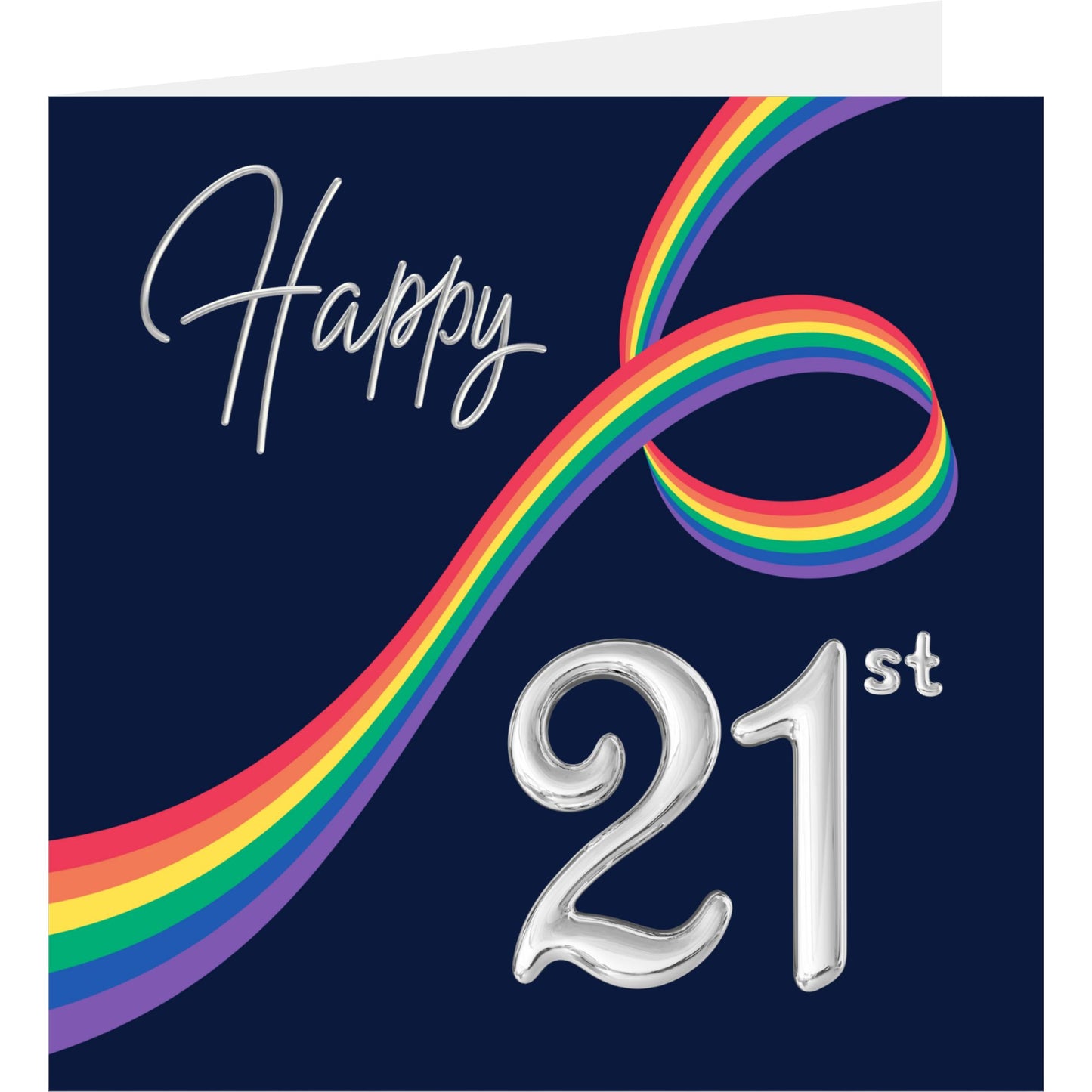 Happy 21st birthday card with rainbow ribbon and silver number on navy background