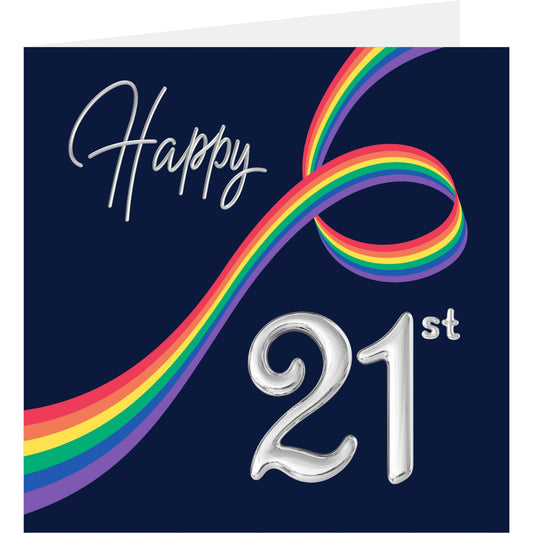 Happy 21st birthday card with rainbow ribbon and silver number on navy background