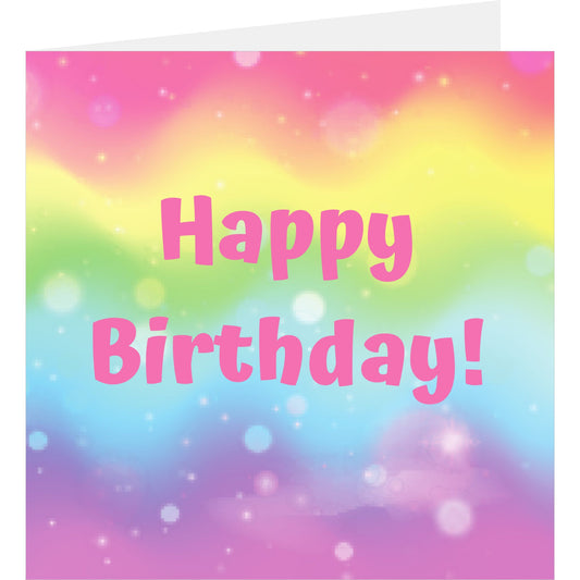 Rainbow sparkle happy birthday card standing with back partially visible